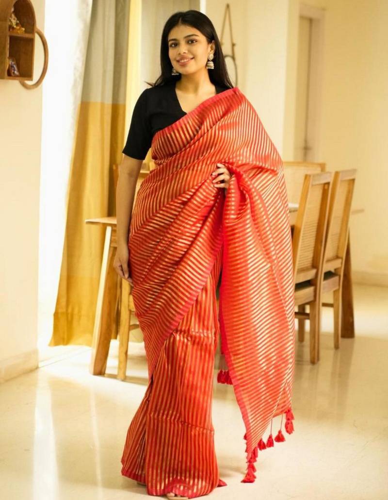 golden whisper red mul cotton saree with zari stripes