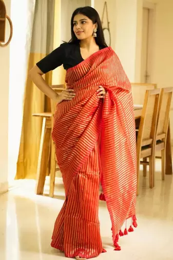 golden whisper red mul cotton saree with zari stripes