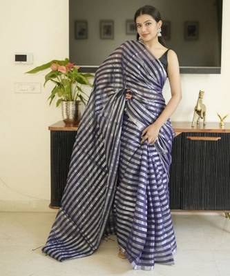 blue mul cotton saree with zari sripes 1