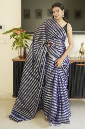 blue mul cotton saree with zari sripes