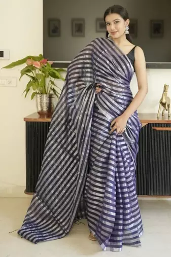 blue mul cotton saree with zari sripes