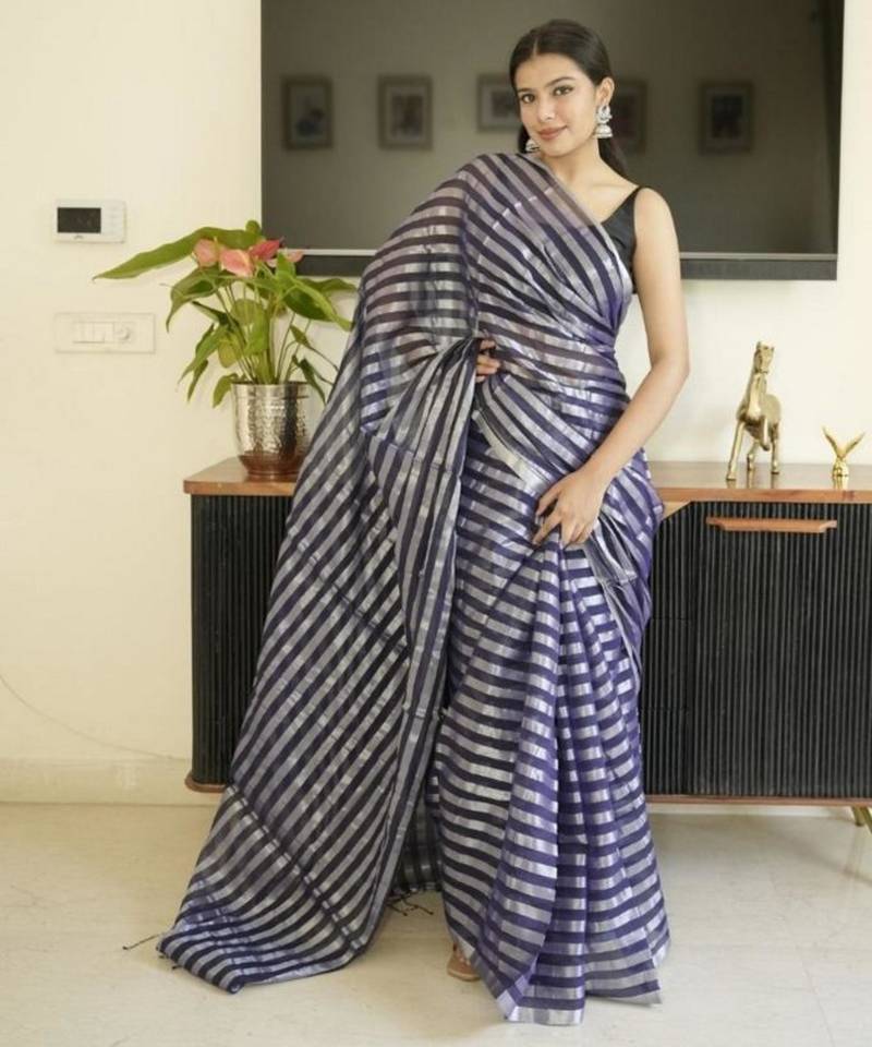 blue mul cotton saree with zari sripes