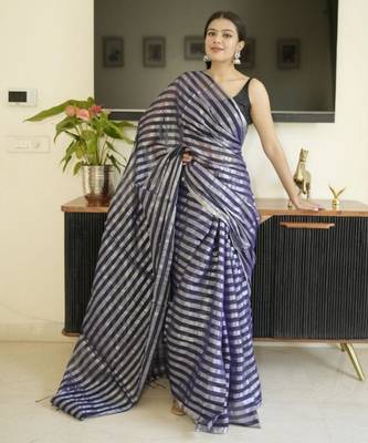blue mul cotton saree with zari sripes 2