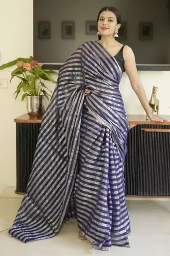 blue mul cotton saree with zari sripes