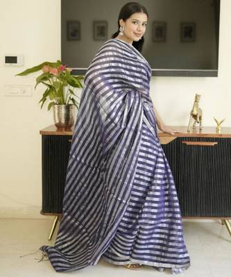 blue mul cotton saree with zari sripes 3