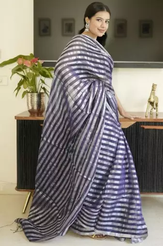 blue mul cotton saree with zari sripes