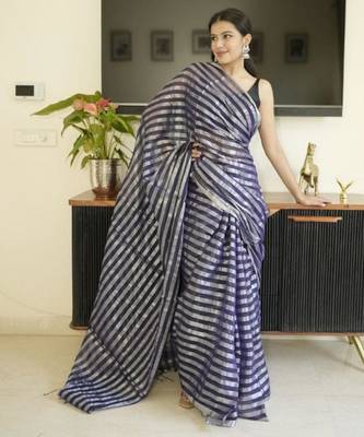 blue mul cotton saree with zari sripes 4
