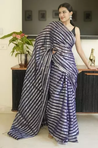 blue mul cotton saree with zari sripes