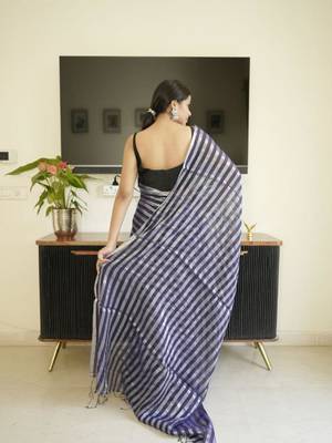 blue mul cotton saree with zari sripes 5