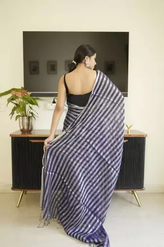 blue mul cotton saree with zari sripes