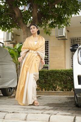 dual tone gold & ivory elegant ochre saree 2