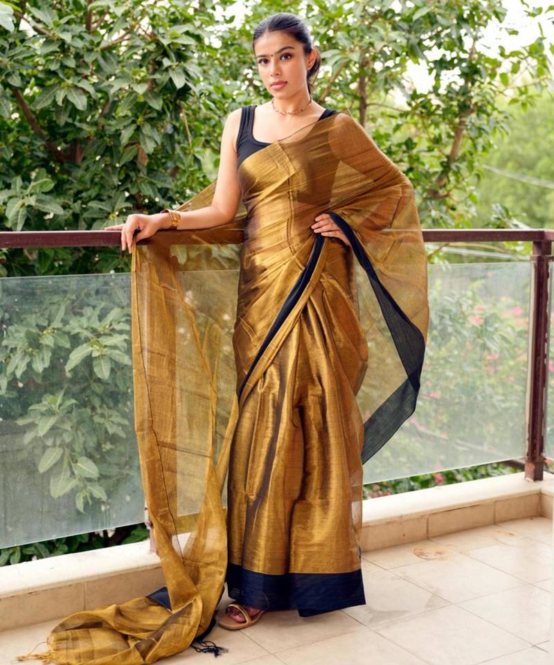 molten majesty antique gold tissue silk blend saree
