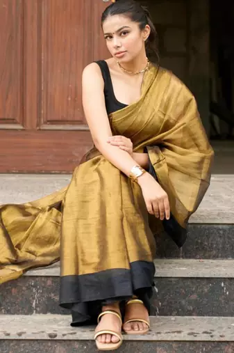 molten majesty antique gold tissue silk blend saree