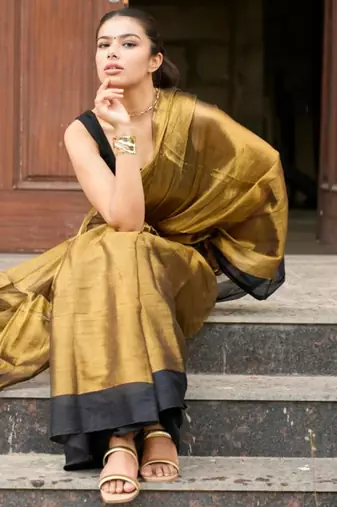 molten majesty antique gold tissue silk blend saree