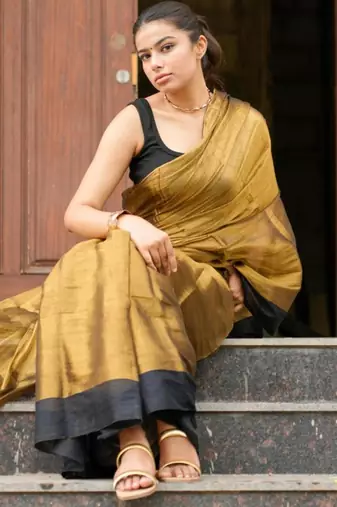 molten majesty antique gold tissue silk blend saree