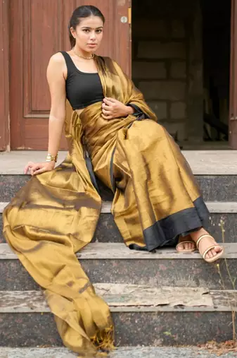 molten majesty antique gold tissue silk blend saree