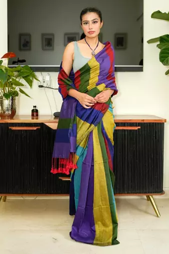 multi-color spectrum stripes handwoven cotton saree