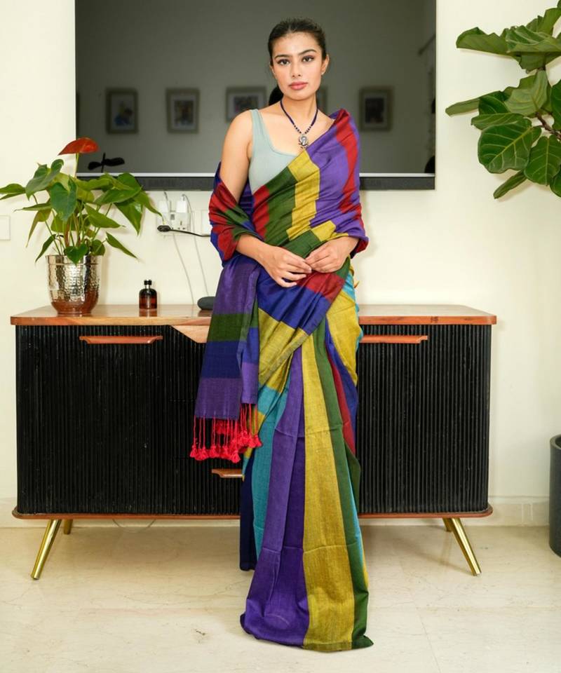 multi-color spectrum stripes handwoven cotton saree