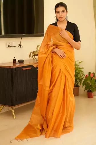 sunlit saffron handwoven mustard yellow tissue linen saree