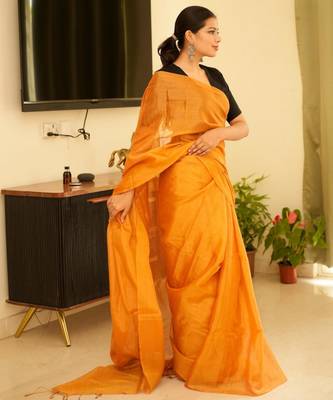 sunlit saffron handwoven mustard yellow tissue linen saree 3
