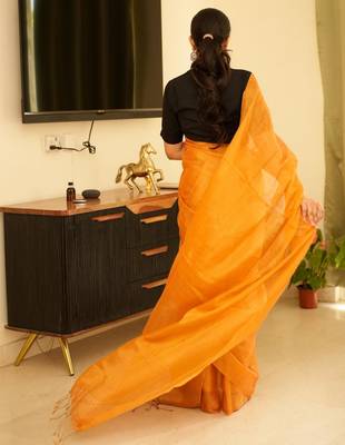 sunlit saffron handwoven mustard yellow tissue linen saree 4