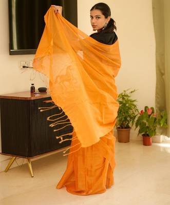 sunlit saffron handwoven mustard yellow tissue linen saree 5