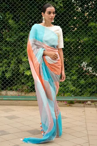 vibrant checks: turquoise & orange linen saree