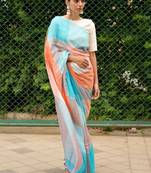 vibrant checks: turquoise & orange linen saree