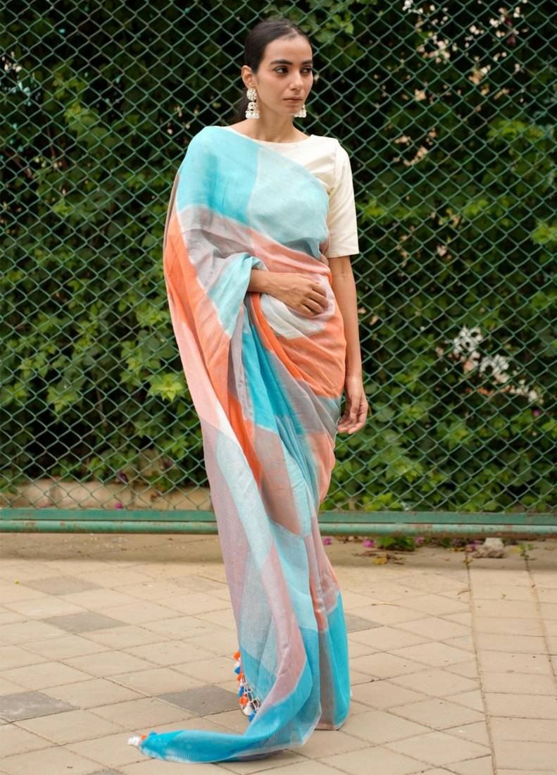 vibrant checks: turquoise & orange linen saree