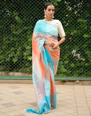 vibrant checks: turquoise & orange linen saree 2