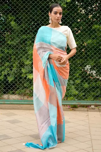 vibrant checks: turquoise & orange linen saree