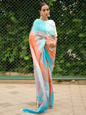 vibrant checks: turquoise & orange linen saree 3