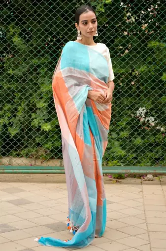 vibrant checks: turquoise & orange linen saree