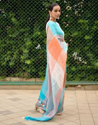 vibrant checks: turquoise & orange linen saree 4