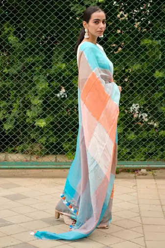 vibrant checks: turquoise & orange linen saree