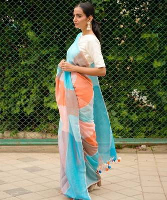 vibrant checks: turquoise & orange linen saree 5