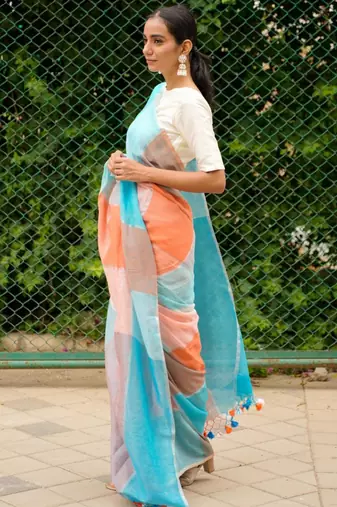 vibrant checks: turquoise & orange linen saree