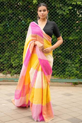 linen saree in pink, orange & yellow tones