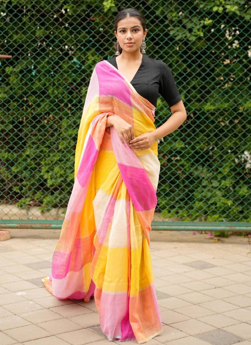 linen saree in pink, orange & yellow tones
