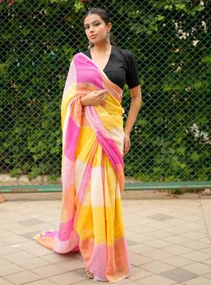 linen saree in pink, orange & yellow tones 2
