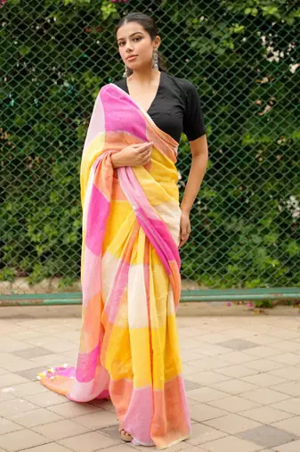 linen saree in pink, orange & yellow tones