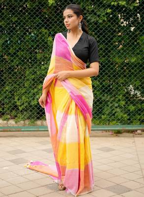 linen saree in pink, orange & yellow tones 3