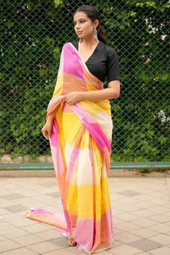 linen saree in pink, orange & yellow tones