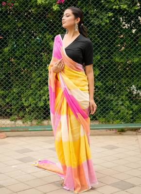 linen saree in pink, orange & yellow tones 4