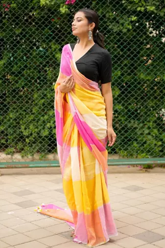 linen saree in pink, orange & yellow tones