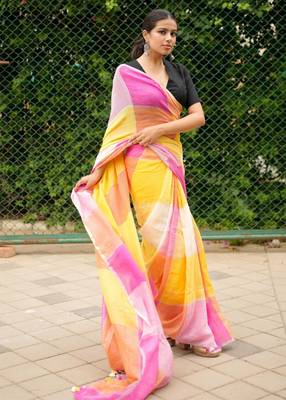 linen saree in pink, orange & yellow tones 5