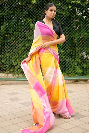 linen saree in pink, orange & yellow tones