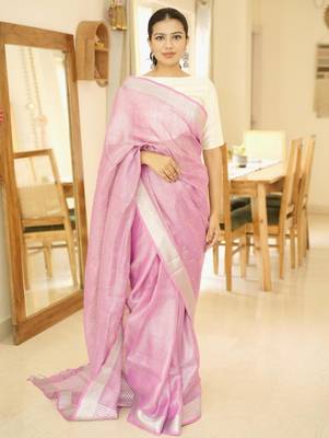 cosmic pink linen saree with exquisite handcrafted zardosi embroidery 1