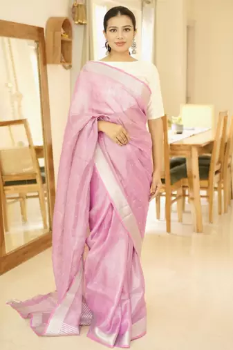 cosmic pink linen saree with exquisite handcrafted zardosi embroidery