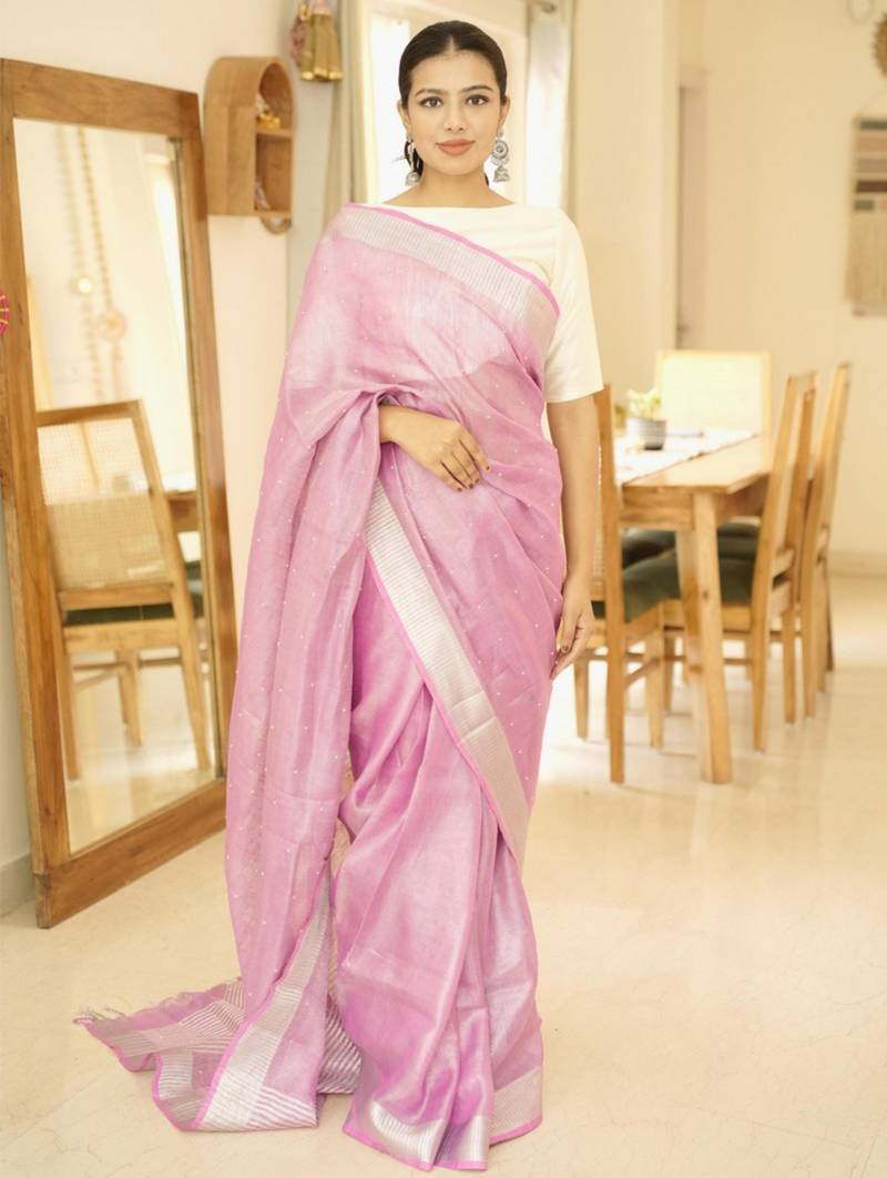 cosmic pink linen saree with exquisite handcrafted zardosi embroidery